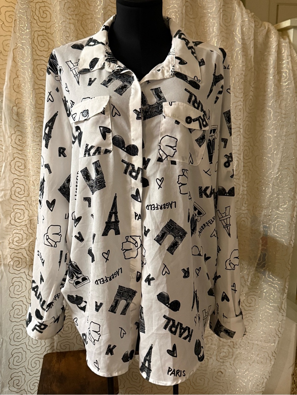 White Button-Up Blouse with Black Paris Graphic Print